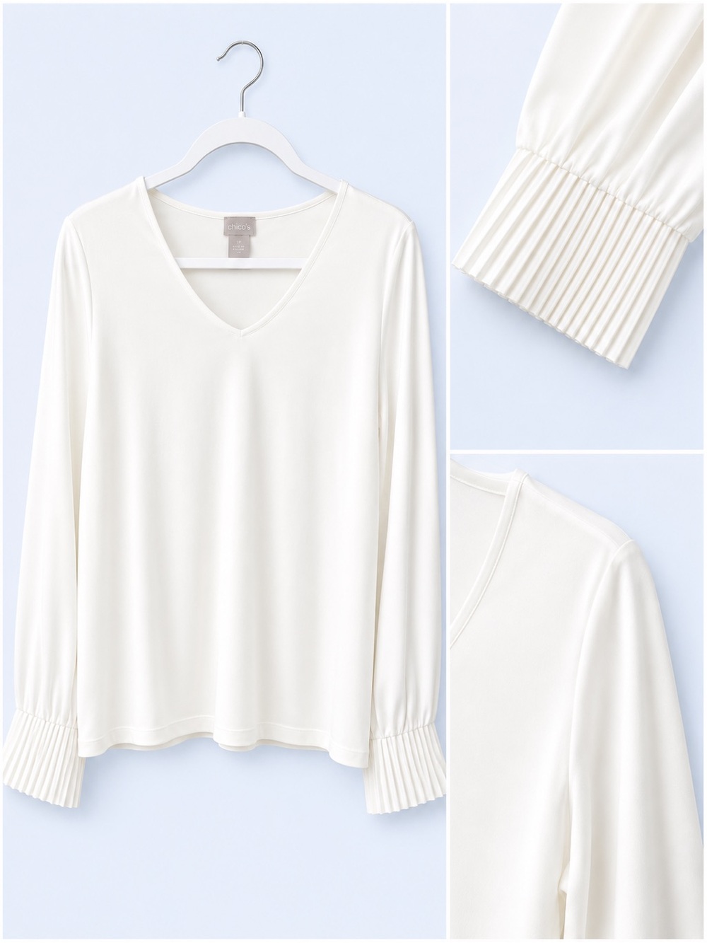 Chicos Elegant Ivory V-Neck Blouse - Smocked Cuffs - Size Medium